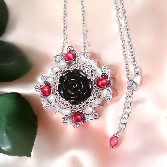 Black Rose Necklace with Garnet Gemstones, Silver Filigree Necklace, Fantasy Jewelry, Romantic Jewelry