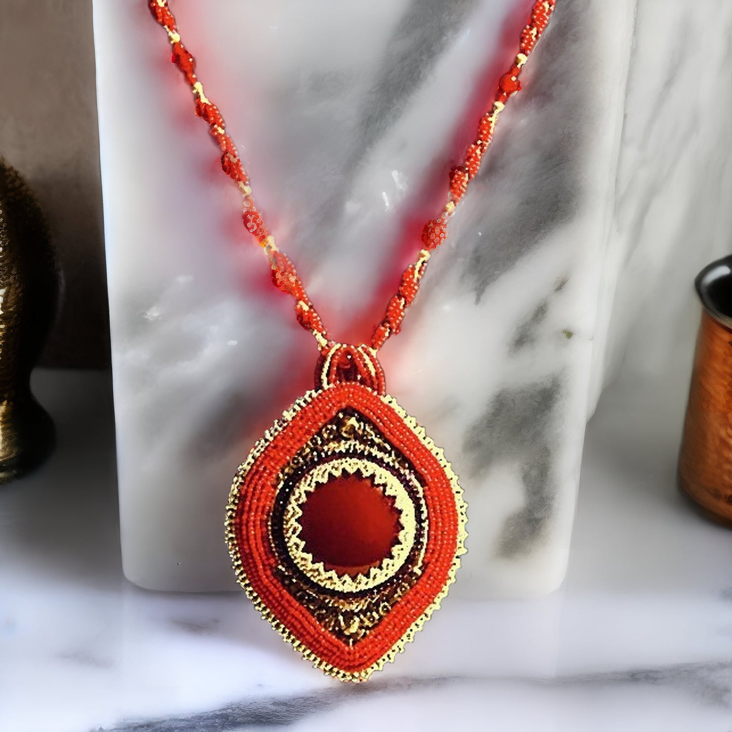 Carnelian Necklace, Red Necklace, Red Bead Necklace, Bead Embroidery Necklace, Hand Beaded Necklace, Beadwork Embroidery, Bead Embroidery