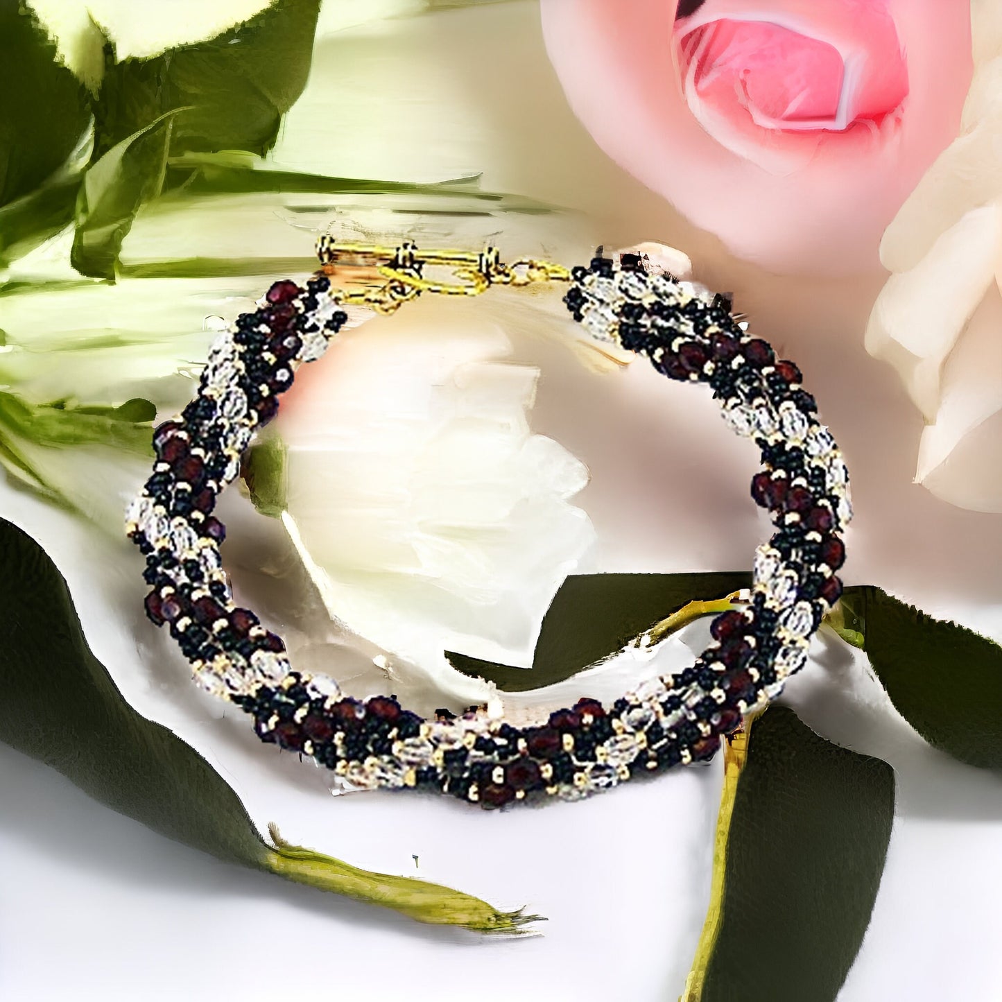 Red & White Crystal Bracelet, Woven Beaded Bracelet, Spiral Bracelet, Hand Beaded Bracelet, Statement Bracelet