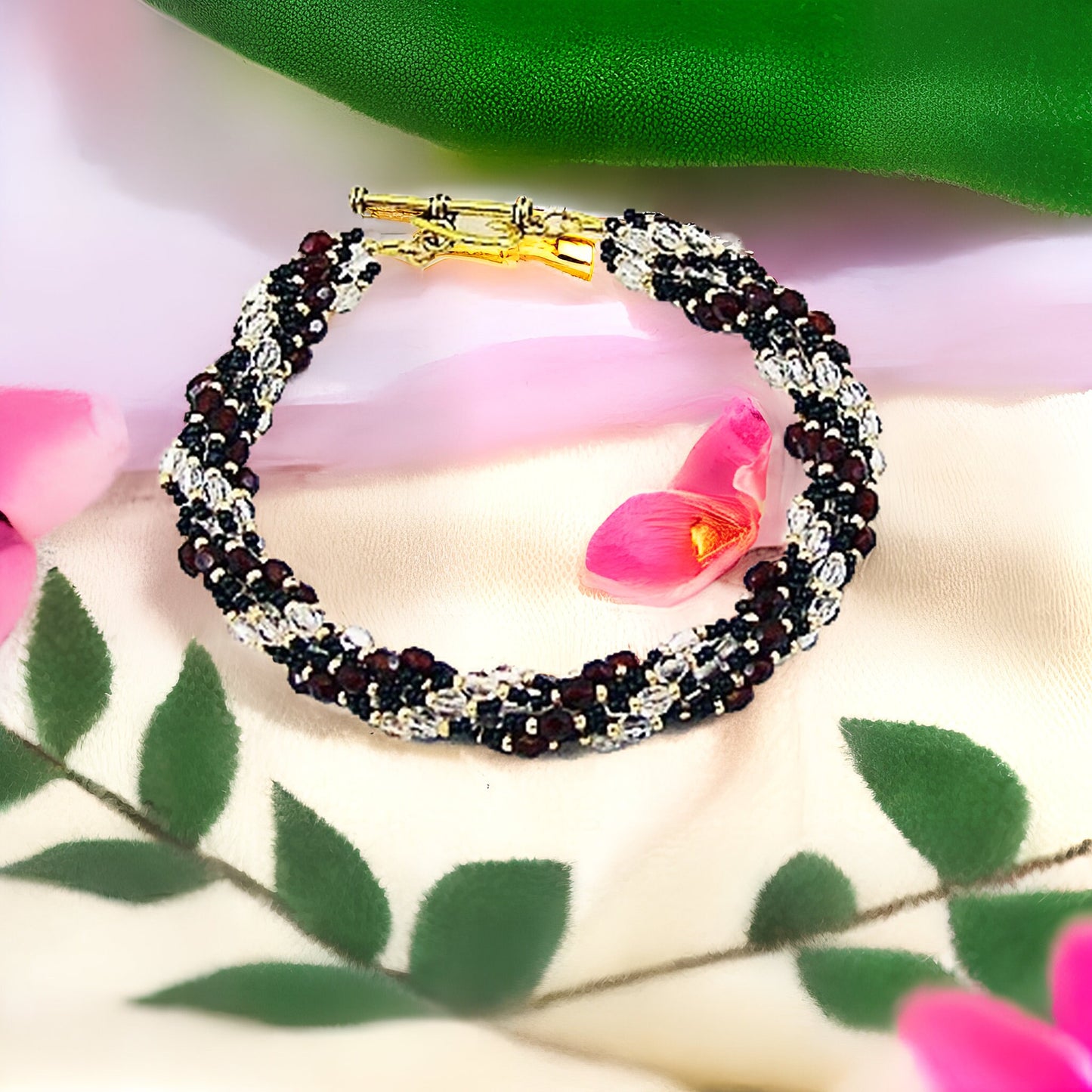 Red & White Crystal Bracelet, Woven Beaded Bracelet, Spiral Bracelet, Hand Beaded Bracelet, Statement Bracelet