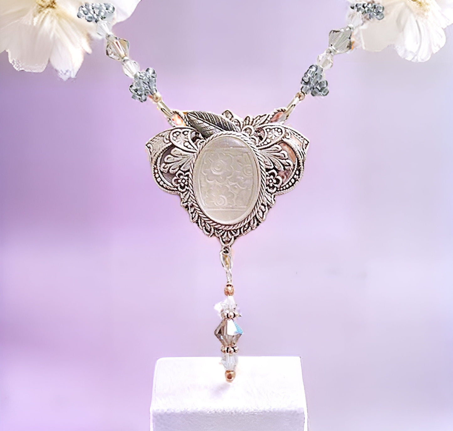 Frosted Glass Flower Necklace, Lalique Inspired Flower Intaglio Necklace, Vintage Style Necklace, Etched Glass Pendant