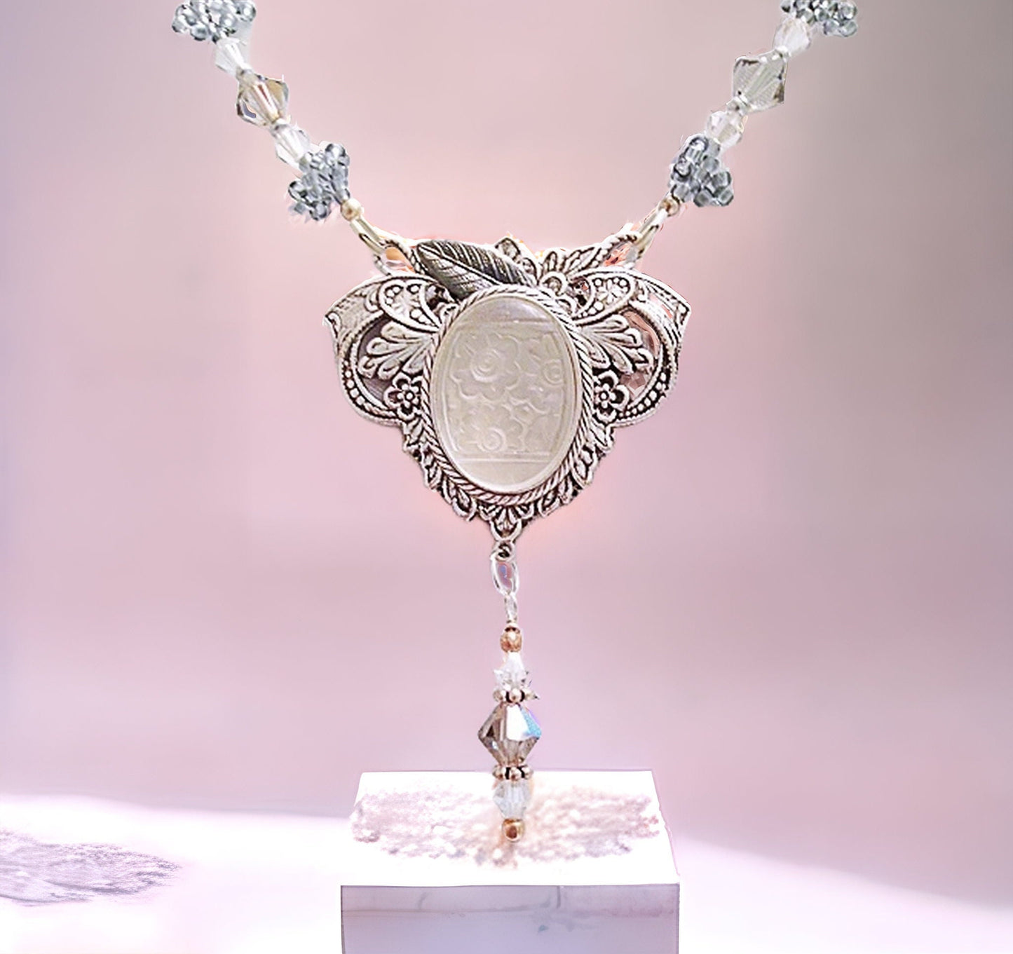Frosted Glass Flower Necklace, Lalique Inspired Flower Intaglio Necklace, Vintage Style Necklace, Etched Glass Pendant