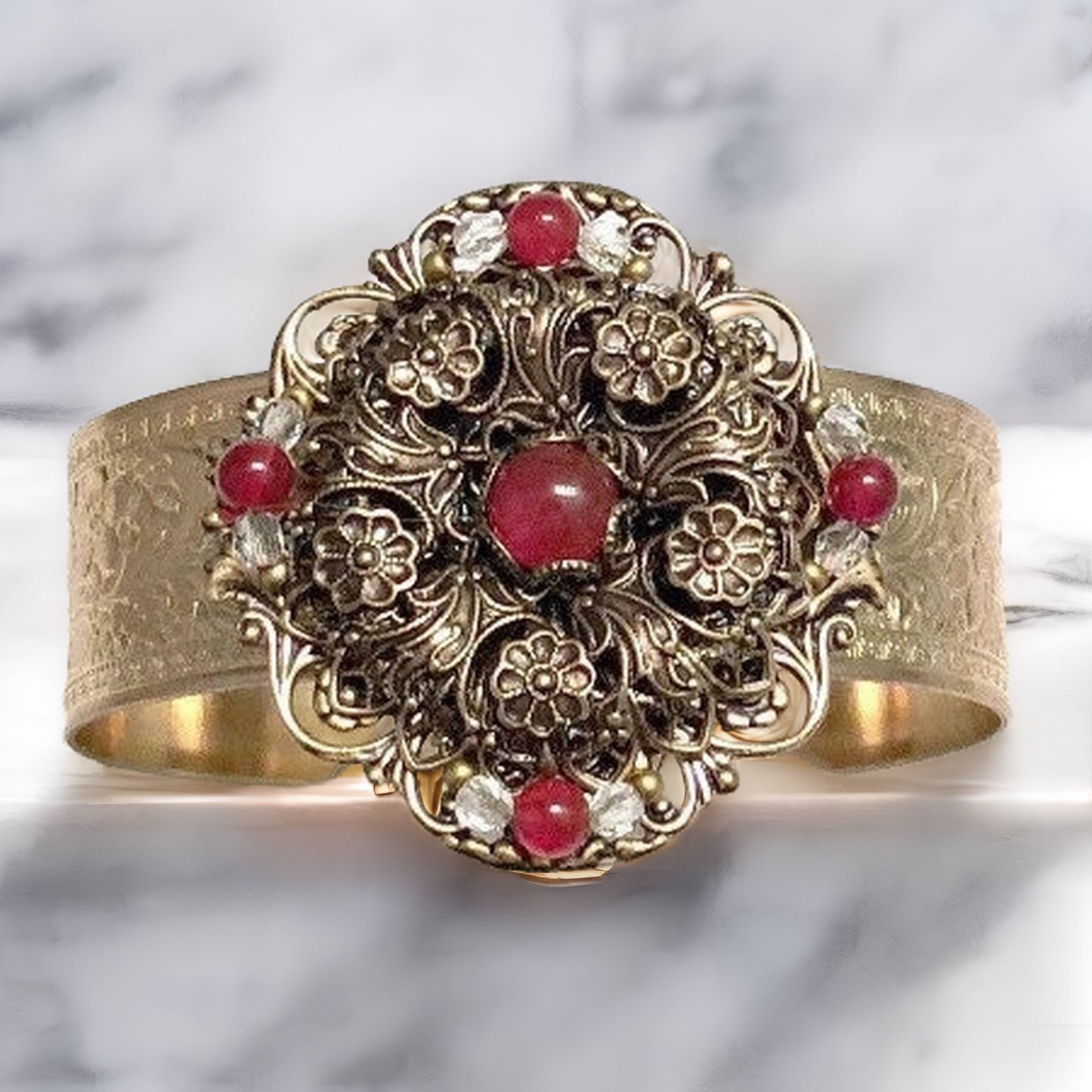 Carnelian Cuff Bracelet, Filigree Cuff, Flower Cuff, Filigree Flower,Carnelian Cuff, Handcrafted Cuff, Vintage Style Cuff, Filigree Bracelet