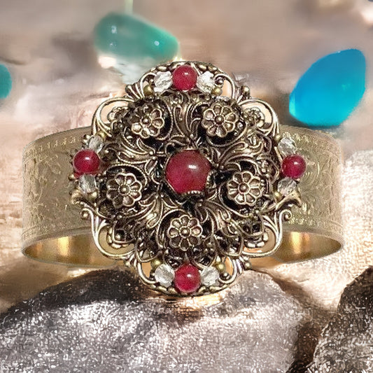 Carnelian Cuff Bracelet, Filigree Cuff, Flower Cuff, Filigree Flower,Carnelian Cuff, Handcrafted Cuff, Vintage Style Cuff, Filigree Bracelet