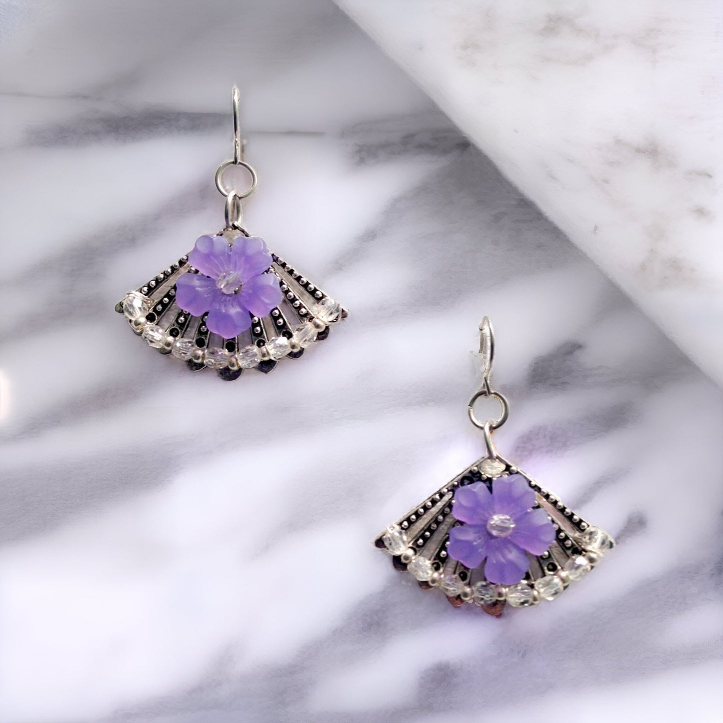 Crystal Flower Fan Earrings Antique Silver Fan Earrings