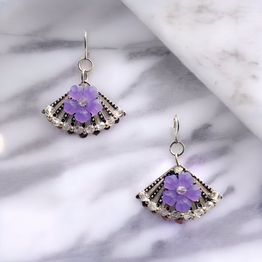 Crystal Flower Fan Earrings Antique Silver Fan Earrings