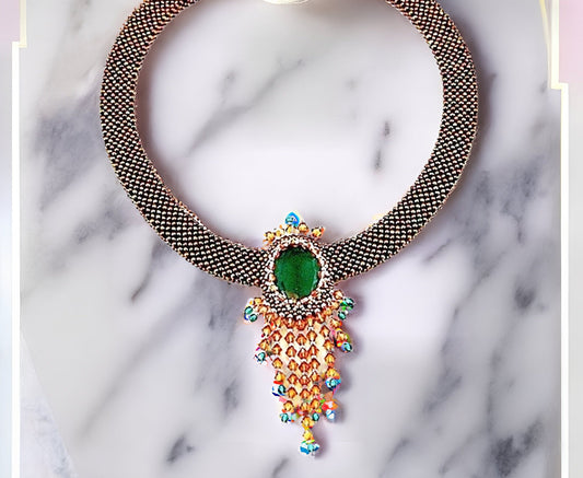 Emerald Vintage Crystal Necklace, Beaded Collar Necklace, Emerald Collar Necklace, Statement Necklace, Beaded Bib Necklace, Seed Bead Necklace