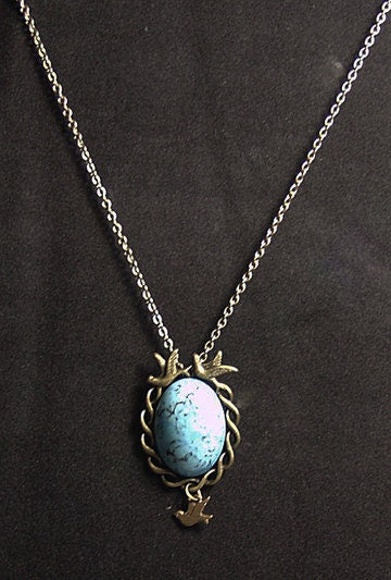 Blue Robins Egg Necklace, Blue Brass Necklace, Teen Jewelry,  Brass Filigree Necklace, Vintage Blue Glass Necklace,  Statement Necklace