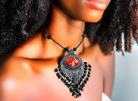 Necklace, Red Jasper with Black Crystals and Hematite, Red Jasper Jewelry, Poppy Jasper Necklace, Gemstone Jewelry,  Poppy Jasper Necklace