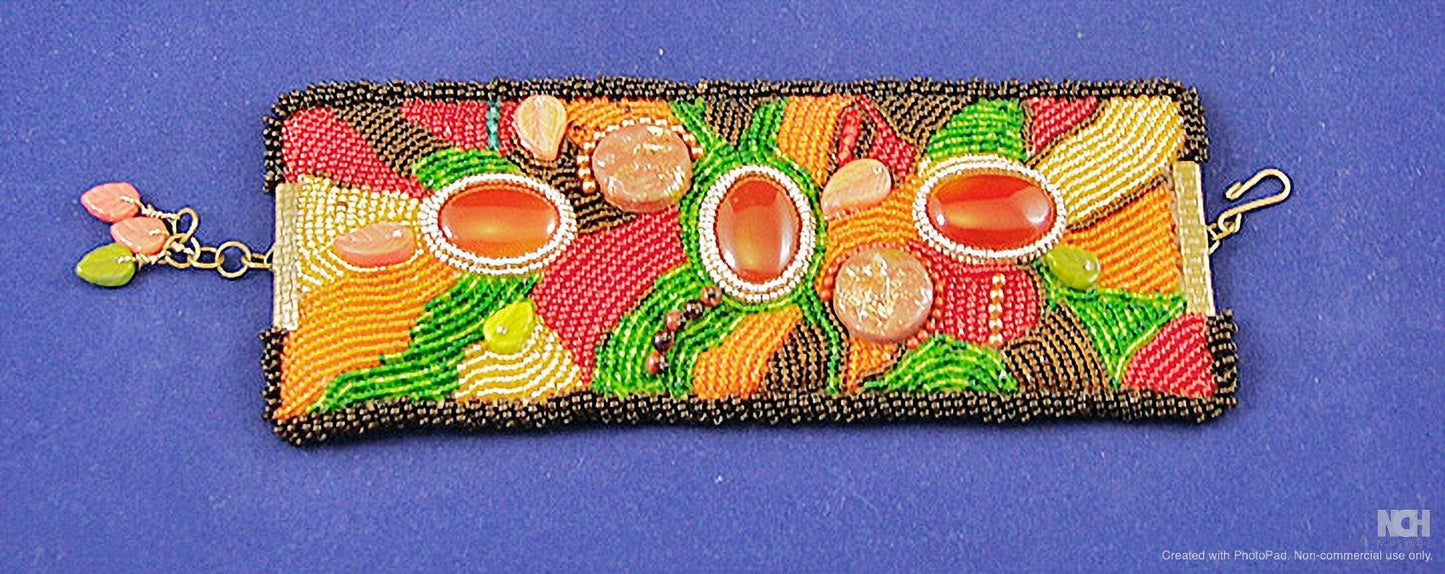 Carnelian Cuff Bracelet, Autumn Jewelry, Handbeaded Bracelet W/ Beads & Carnelian Stone, Bead Embroidery Bracelet, Autumn Cuff