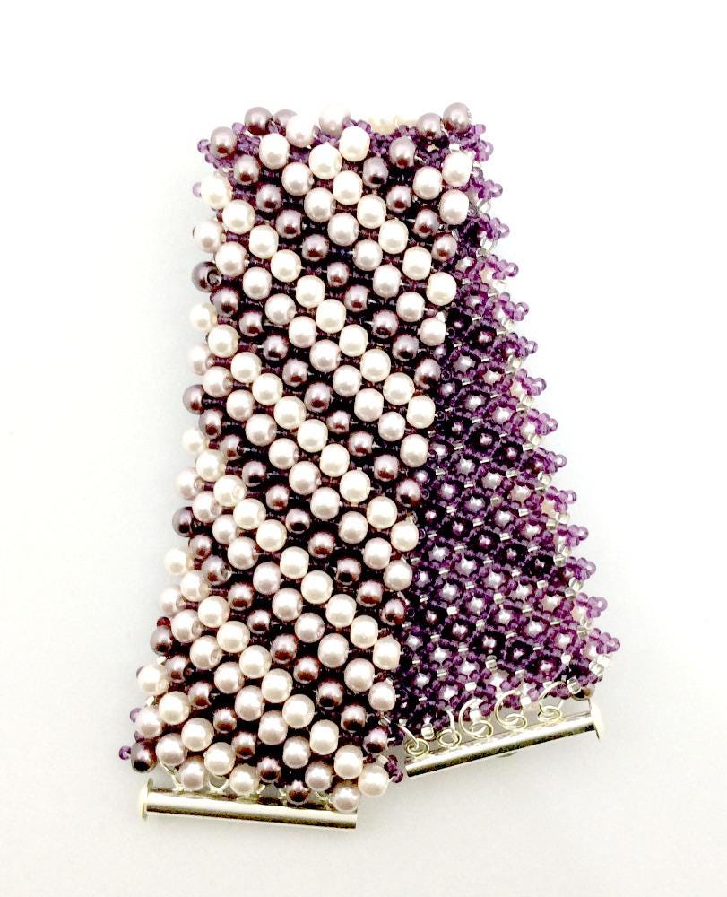 Hand-Beaded Purple Pearl Cuff – Glass Pearl Bracelet with Chevron Design