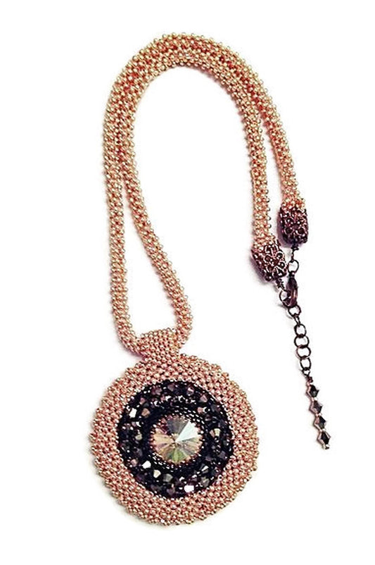 Handbeaded Gold Medallion Necklace with Copper Swarovski Elements Crystals Gifts for Her Handmade Gifts