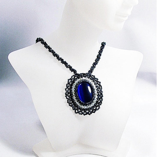 Handbeaded Blue Cat's Eye Crystal Necklace, Swarovski Crystals, Hematite Seed Beads, Statement Jewelry