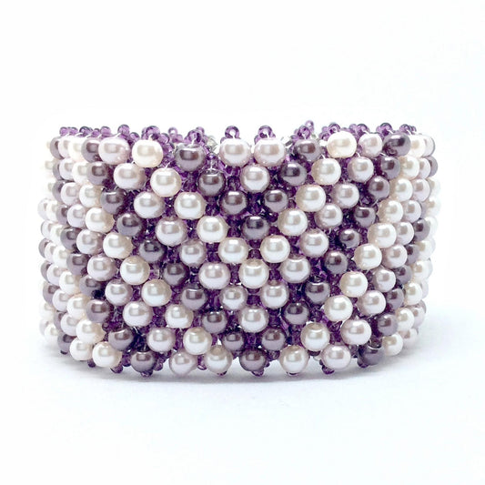 Hand-Beaded Purple Pearl Cuff – Glass Pearl Bracelet with Chevron Design