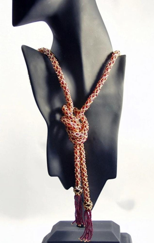 Red and Gold Beaded Lariat,  Red Hand Beaded Necklace, Red Hand Beaded Necklace, Hand Beaded Jewelry, Statement Necklace