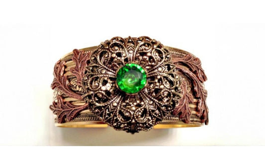 Brass and Copper Cuff Bracelet w/Peridot Crystal, Brown Jewelry, Assemblage Statement Cuff, Flower Cuff, Filigree Flower, Green Crystal Cuff