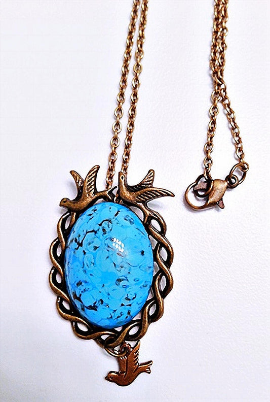 Blue Robins Egg Necklace, Blue Brass Necklace, Teen Jewelry,  Brass Filigree Necklace, Vintage Blue Glass Necklace,  Statement Necklace