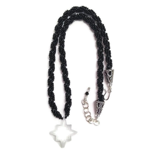 Vintage North Star Necklace – Hand-Beaded Black Rope with Crystal Pendant