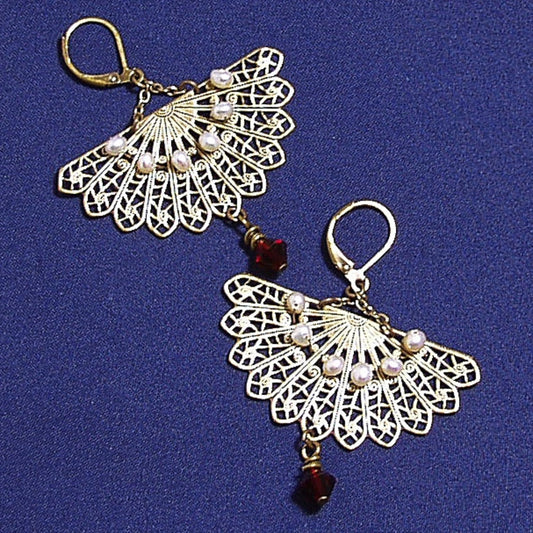 Fan Earrings, Brass Fan Earrings. Filigree Fan Earrings, Statement Earrings, Filigree Jewelry, Vintage Style Earrings, Victorian Earrings