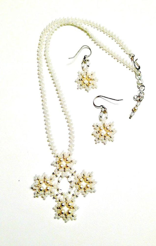 Bridal Necklace Set, Pearl Cross Necklace Set, Bridal Jewelry, Bride Necklace,  HandBeaded Necklace, Pearl Necklace, Christian Jewelry