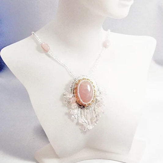 Necklace, Rose Quartz Pendant, Bridal Statement Necklace, Bridal Jewelry, Pink & Crystal Quartz Necklace, Bridal Necklace, Wedding Jewelry