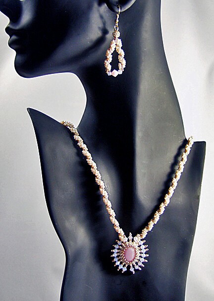 Hand Beaded Vintage Pink Crystal Necklace and Earring Set
