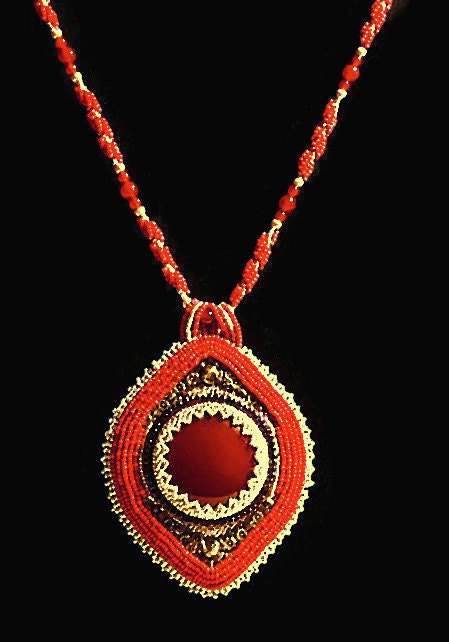 Carnelian Necklace, Red Necklace, Red Bead Necklace, Bead Embroidery Necklace, Hand Beaded Necklace, Beadwork Embroidery, Bead Embroidery