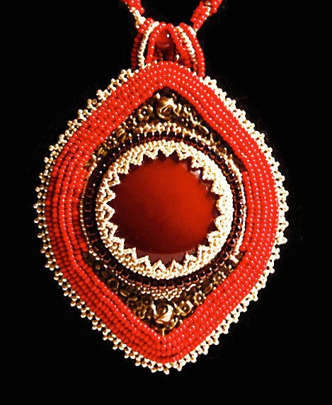 Carnelian Necklace, Red Necklace, Red Bead Necklace, Bead Embroidery Necklace, Hand Beaded Necklace, Beadwork Embroidery, Bead Embroidery