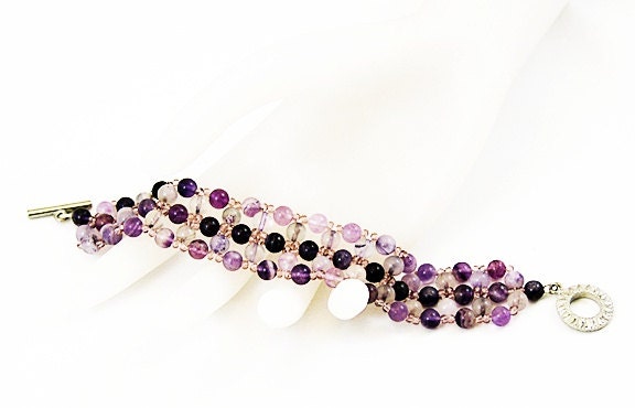 Amethyst Bracelet, Fluorite Bracelet, Amethyst and Fluorite Gemstone Bracelet, Hand Beaded Bracelet, Purple Bracelet, Gemstone Jewelry