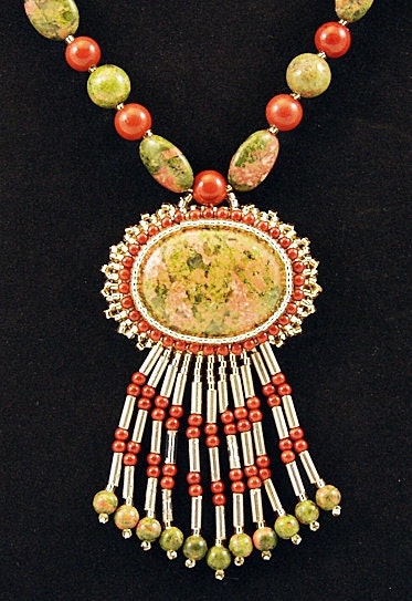 Unakite Necklace with Red Jasper Beads, Unakite Necklace, Boho Necklace, Beadwoven Jewelry, Fringe Necklace, Gemstone Necklace