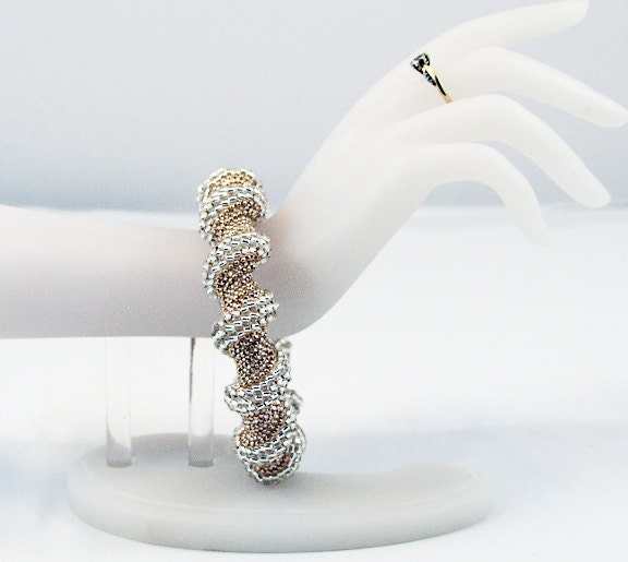 Beaded Bangle, Bridal Jewelry, Gold Hand Beaded Spiral Bangle, Woven Beaded Bangle, Beaded Twist Bangle, Statement Bangle, Chunky Bangle