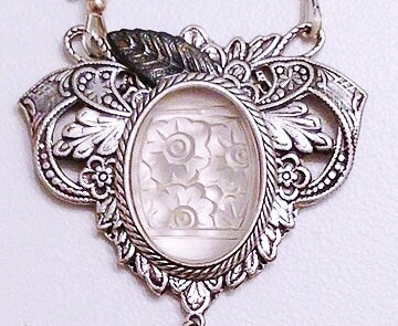Frosted Glass Flower Necklace, Lalique Inspired Flower Intaglio Necklace, Vintage Style Necklace, Etched Glass Pendant
