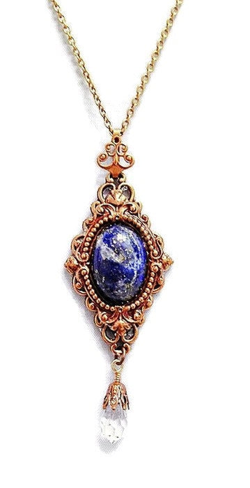 Blue Lapis Stone Necklace, Lapis and Brass Filigree Necklace, Teen Jewelry, Blue Stone Necklace, Brass Filigree Necklace, Statement Necklace
