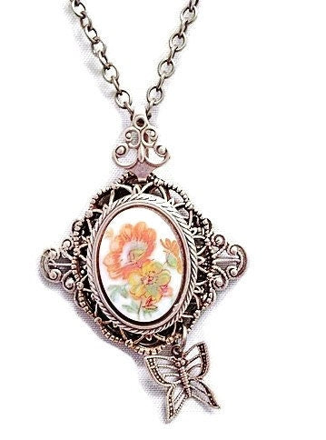 Butterfly and Flower Pendant, Butterfly Necklace, Butterfly Jewelry,  Vintage Flower Necklace, Floral Jewelry, Filigree Flower Necklace