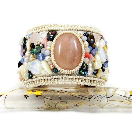 Bracelet Cuff, Rose Quartz, Bridal Cuff Bracelet, Bridal Jewelry, Shell & Pearls Bracelet, Beach Bracelet, Beach Jewelry,  Shell Bracelet