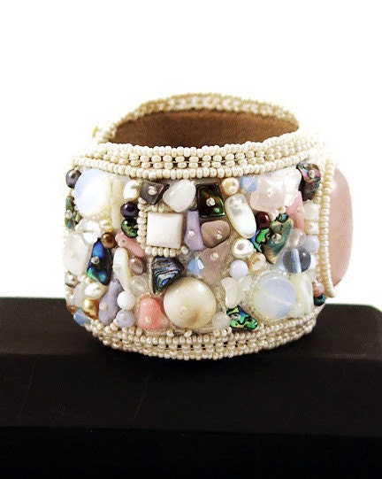 Bracelet Cuff, Rose Quartz, Bridal Cuff Bracelet, Bridal Jewelry, Shell & Pearls Bracelet, Beach Bracelet, Beach Jewelry,  Shell Bracelet