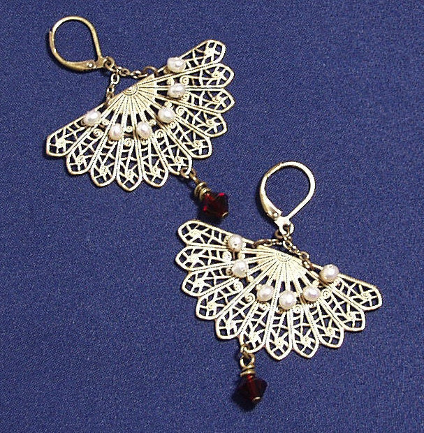 Fan Earrings, Brass Fan Earrings. Filigree Fan Earrings, Statement Earrings, Filigree Jewelry, Vintage Style Earrings, Victorian Earrings