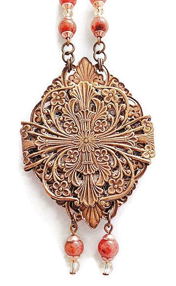 Etched Copper Heart Necklace with Plum Jade Gemstones, Valentines Day Pendant, Brass Heart Necklace, Statement Necklace