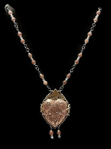 Etched Copper Heart Necklace with Plum Jade Gemstones, Valentines Day Pendant, Brass Heart Necklace, Statement Necklace