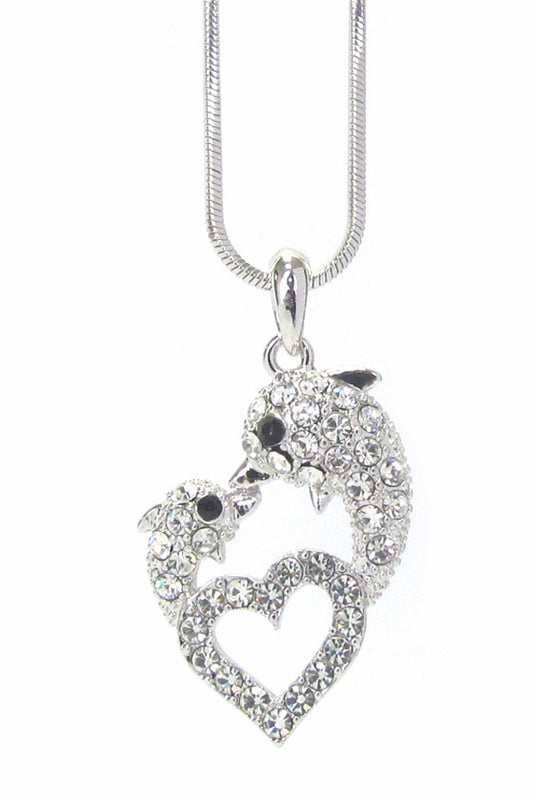 Mother and Baby Dolphin Necklace – White Gold Dipped Heart Pendant, Crystal Rhinestone Jewelry