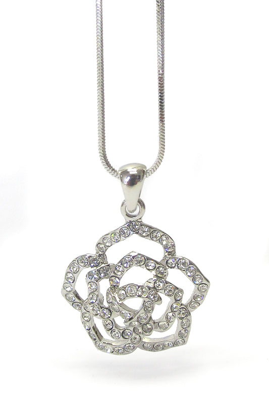 Big Beautiful Rose – White Gold-Plated Rose Pendant with Crystals
