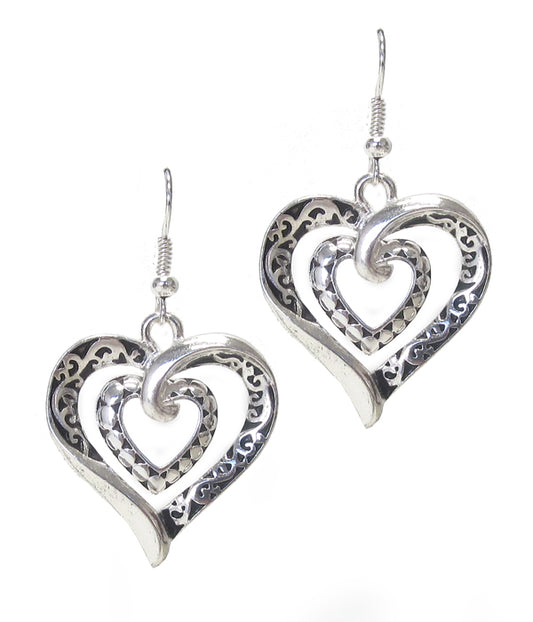 Antique Silver Scroll Double Heart Earrings – Romantic Dangle Jewelry for Women